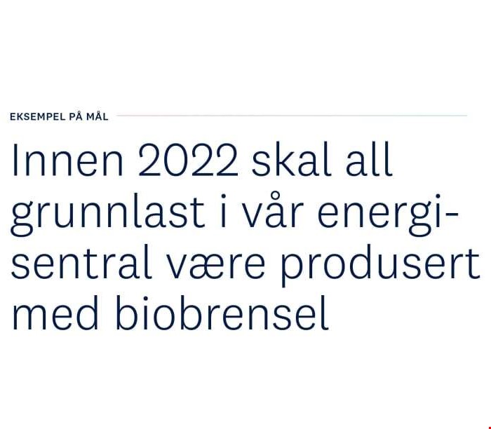 Tekst som sier "Eksempel på mål: Innen 2022 skal all grunnlast i vår energi-sentral være produsert med biobrensel"