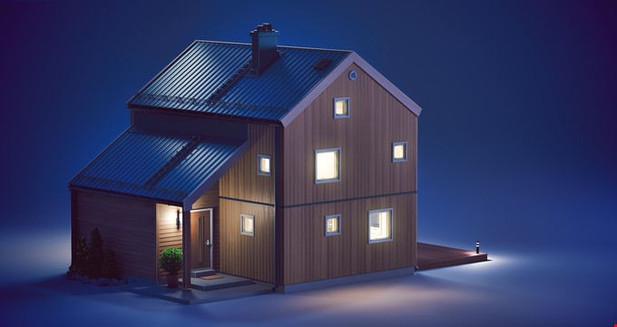 3D-modell av et hus med alt av tilhørende lys påskrudd