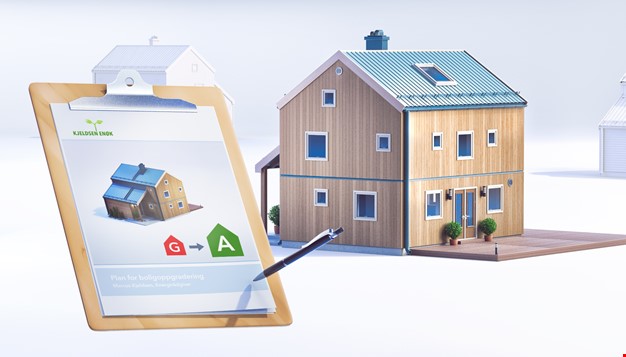 3D modell av et hus med en utklipstavle foran som viser rapport for hvordan å endre energimerke på bolig