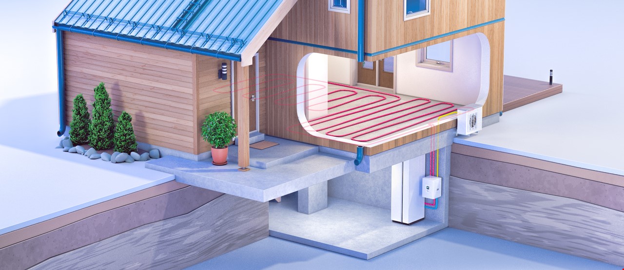 3D modell av hus med varmepumpe