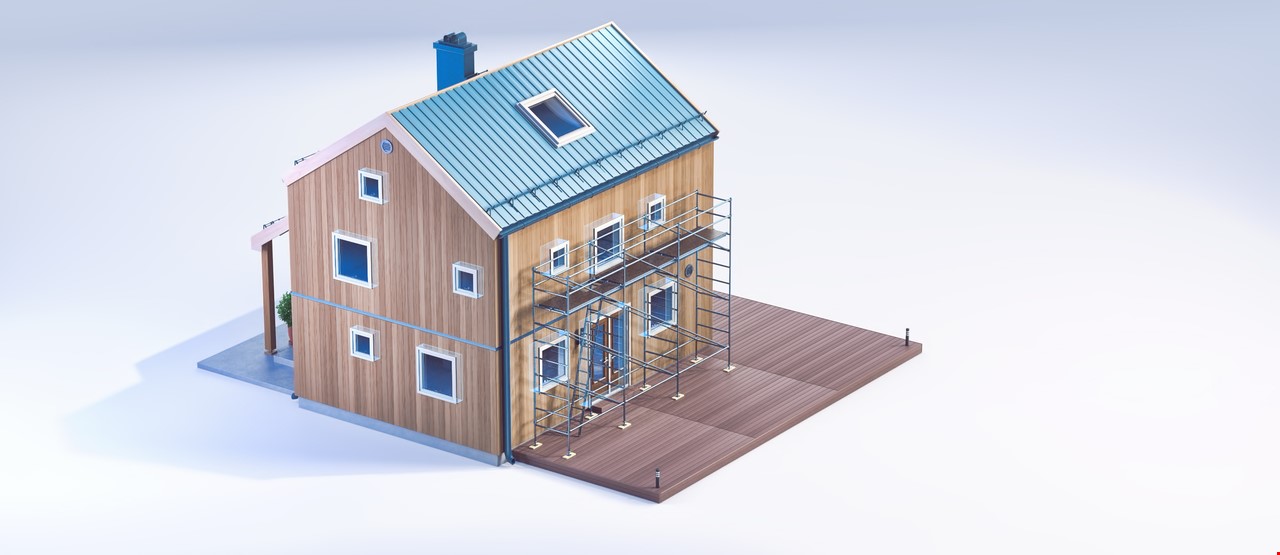 3D modell av hus med stilas