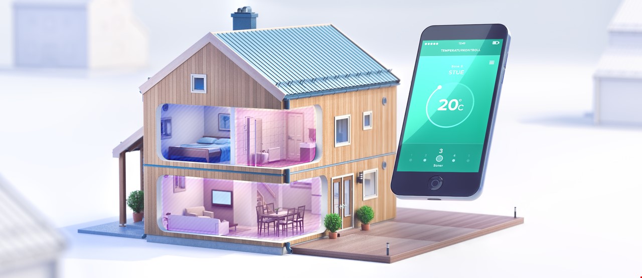 3D-modell av hus med en mobil foran med varmestyringssystem oppe