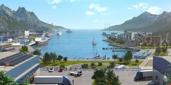 3D-modell av industriområde med havn