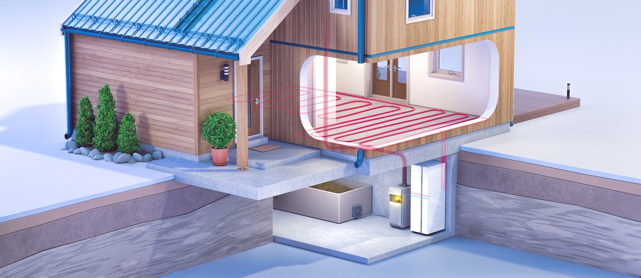 3D modell av hus med biokjel
