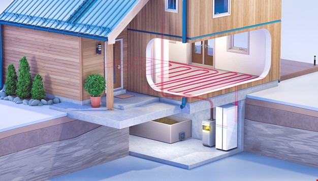 3D modell av hus med biokjel