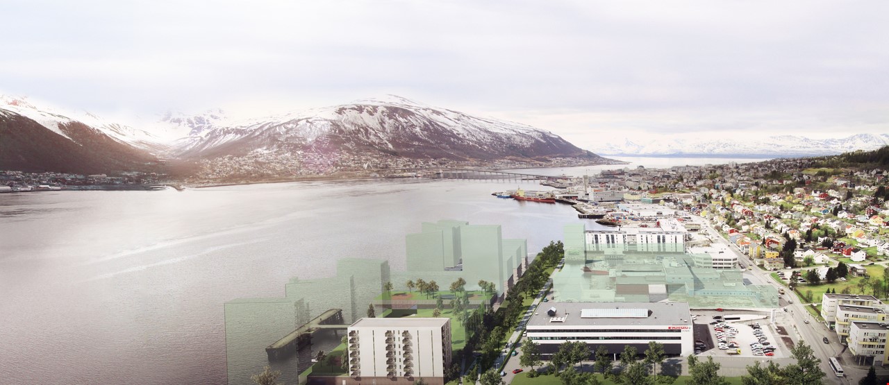 Tromsø by sett ovenifra med skisser av evt moderne nybygg
