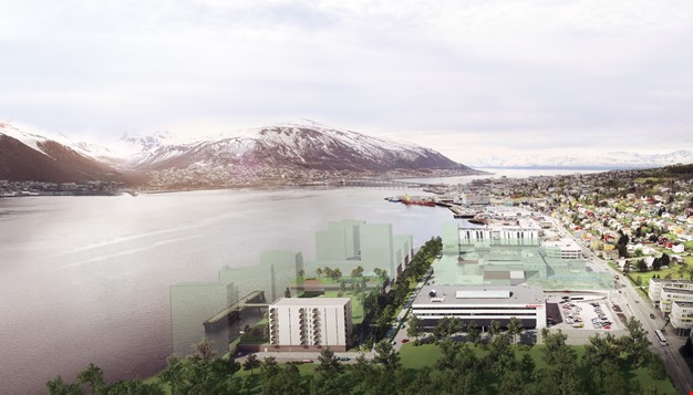 Tromsø by sett ovenifra med skisser av evt moderne nybygg