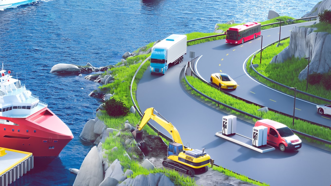 3D-modell av lastebil, bil, buss og gravemaskin på bilveg