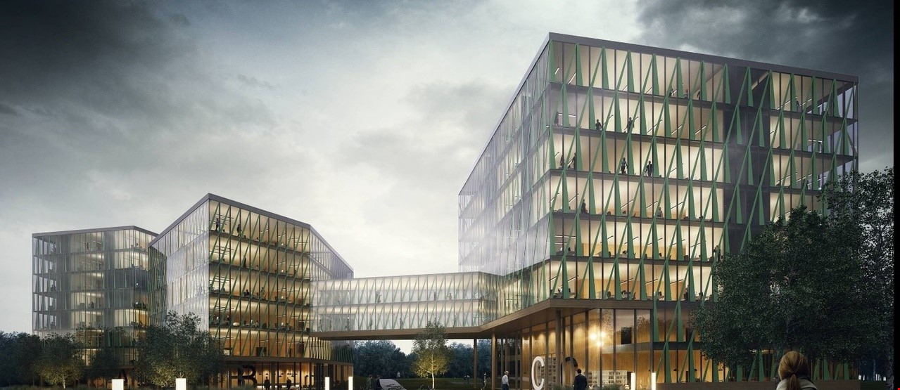 Modellbilde av kontorbygningen Ormen Lange og dens glassfasade