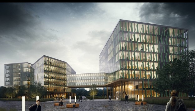 Modellbilde av kontorbygningen Ormen Lange og dens glassfasade