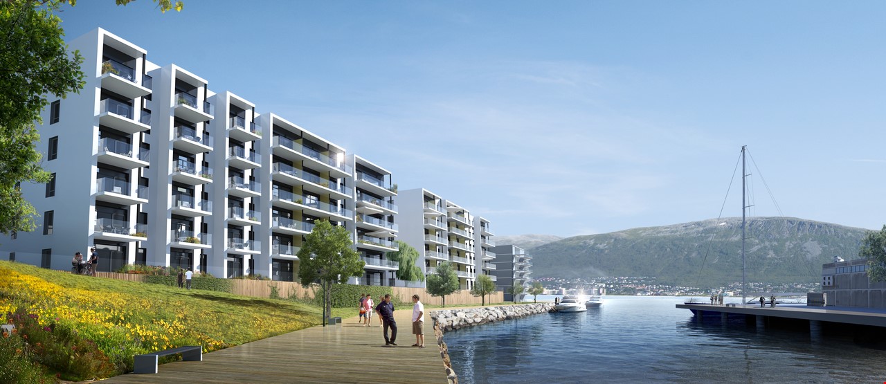 Boligblokk som ligger nær en kai