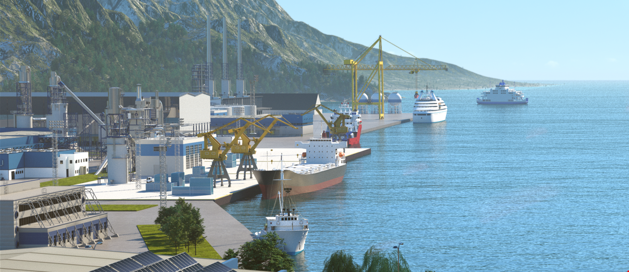 3D-modell av havn med kraner