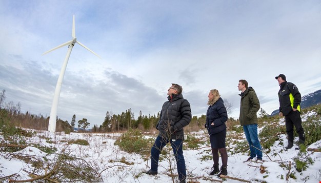 4 personer som ser på en vindmølle, Foto: Thor Nielsen / SINTEF