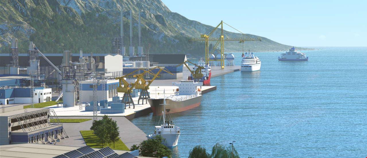 3D-modell av idustriområdet med kai og flere kraner