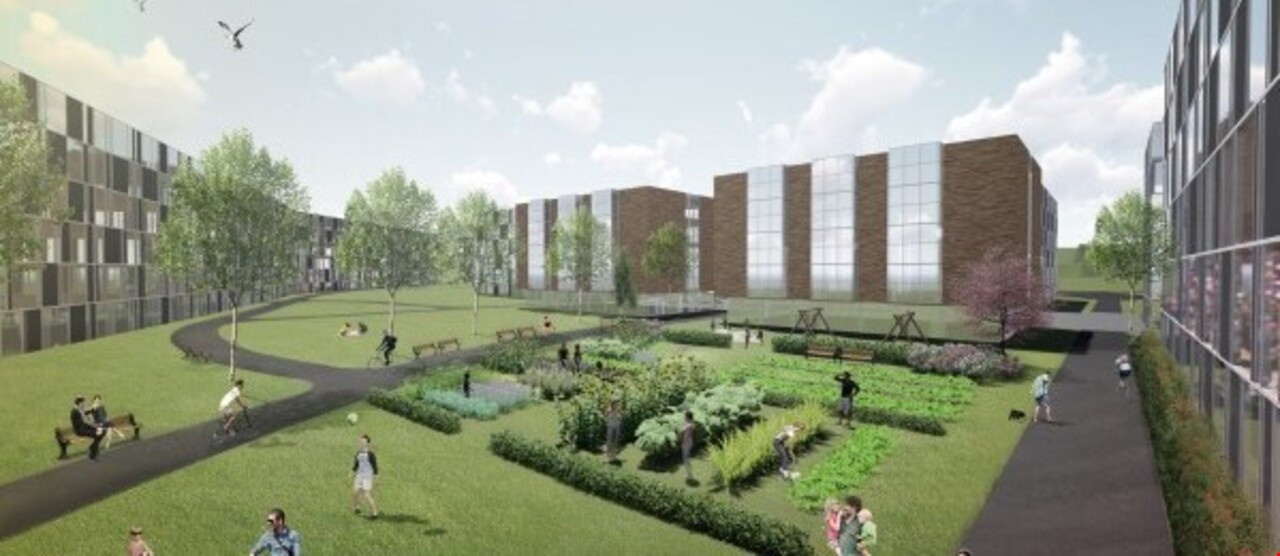 3D-modell av park utenfor leiligheter