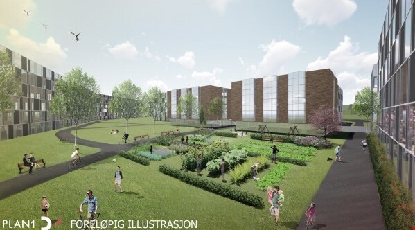 3D-modell av park utenfor leiligheter