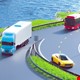 3D-modell av blå lastebil, gul bil, og rød buss på en vei