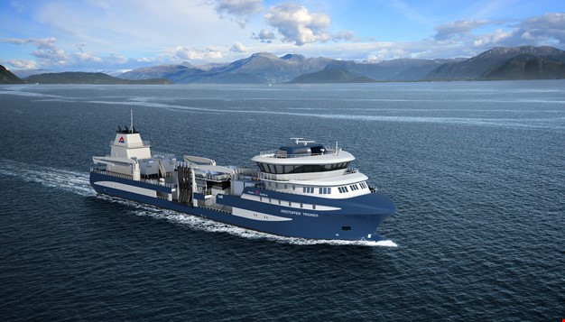 Modell av en nye type brønnebåt ute på sjøen