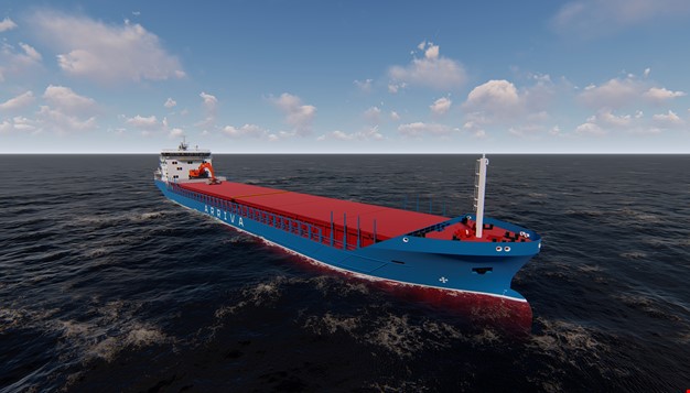 3D-modell av rød og blå lastebåt på sjøen