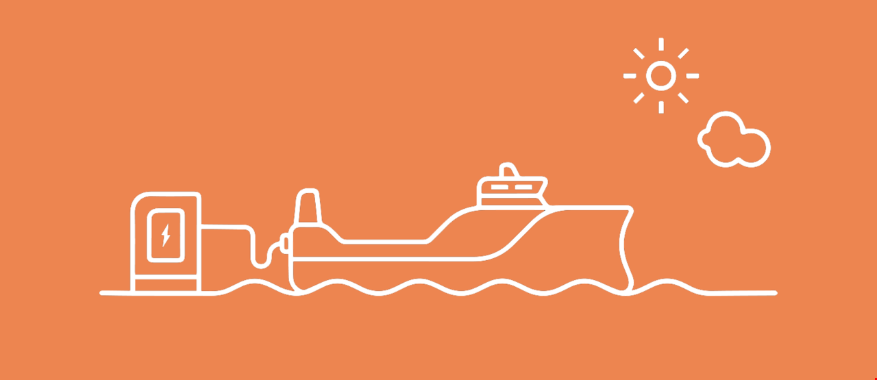 Illustrasjon av en stor båt som lader ved et landstrømanlegg
