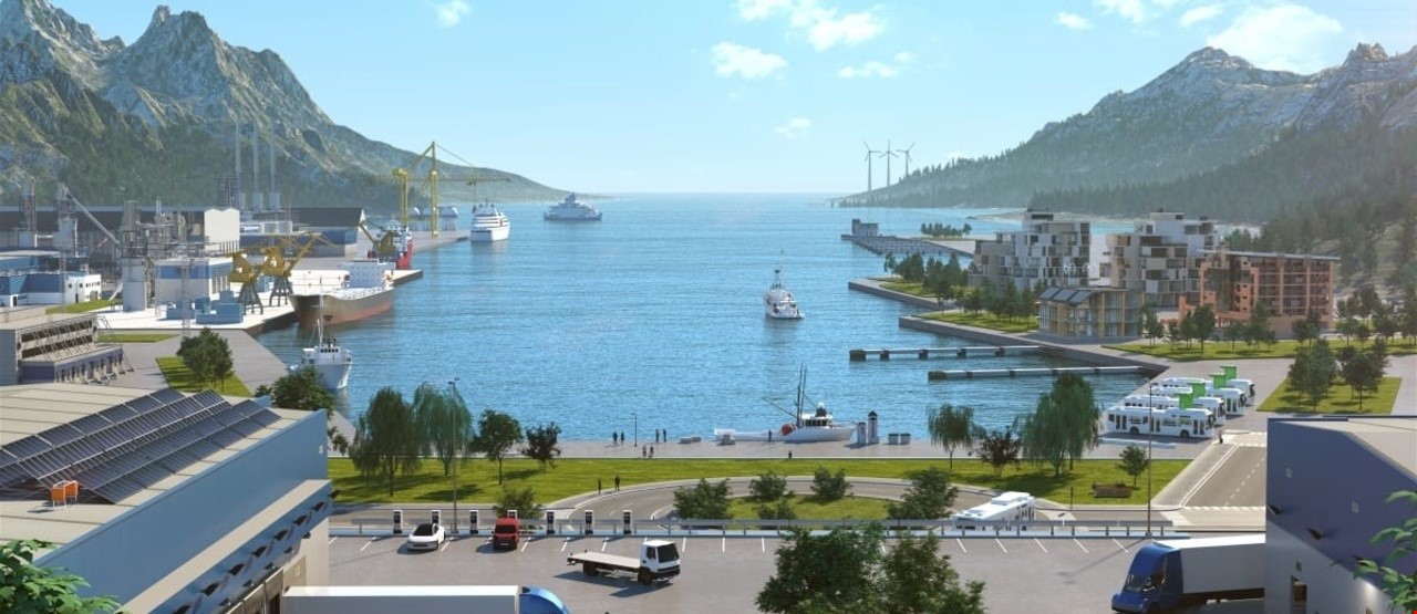 3D-modell av idustriområdet med kai og flere kraner