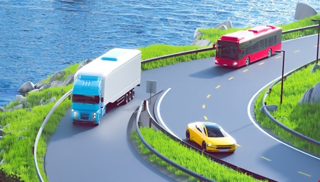 Lastebil, buss og bil som kjører på motorvei