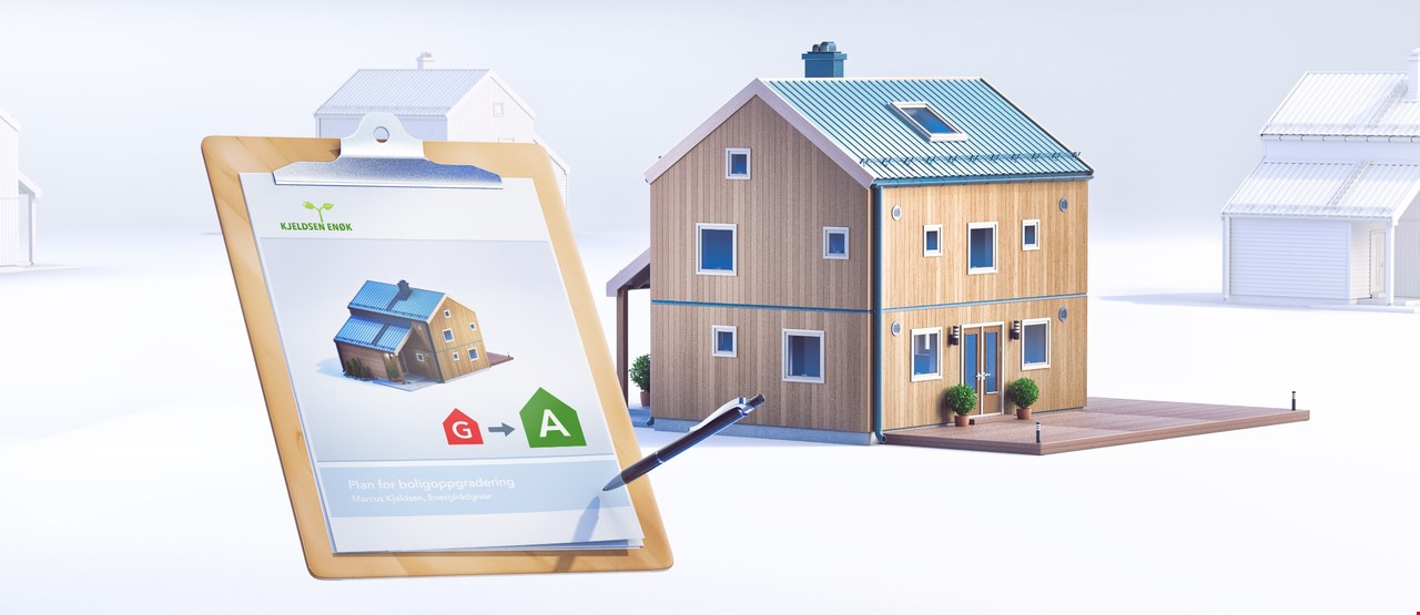 3D modell av hus med utklipstavle foran med rapport om hvordan få bedre energimerke på bolig
