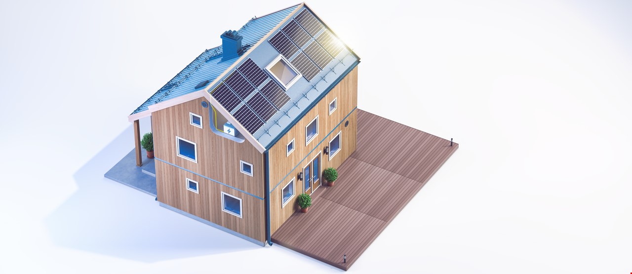3D modell av et hus med solcellepanel på taket