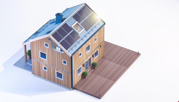 3D modell av et hus med solcellepanel på taket