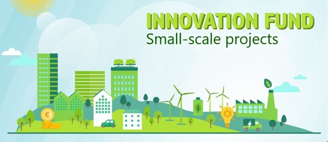 Tegning av en grønn by med teksten "innovation fund, Small-scale projects"