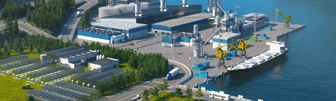 3D-modell av industriområde ved vann