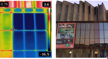 Et nærbilde av en bygning og samme bildet sett i infrarødt