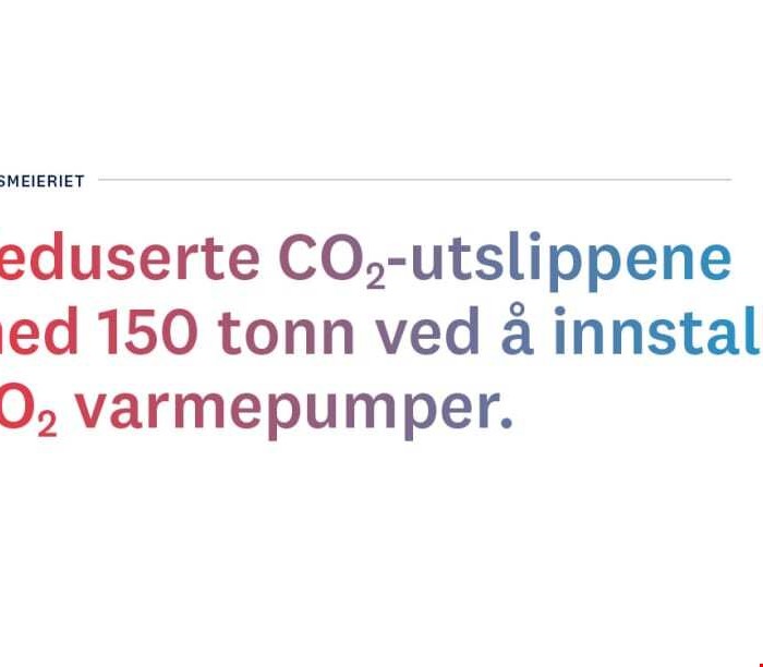 Tekst som sier "Rørosmeieriet reduserte CO2-utslippene med 150 tonn ved å installere CO2 varmepumper"