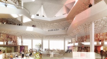 Skisse fra 3 etasje i Deichmanske hovedbibliotek i Oslo. Illustrasjon: Lund Hagem Arkitekter, Atelier Oslo 2022.