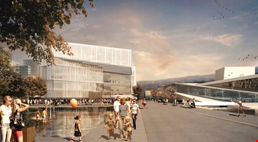 Vestvendt fasade. Hovedinngang til Deichmanske bibliotek i Oslo. Illustrasjon: Lund Hagem Arkitekter, Atelier Oslo 2022.