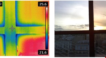 Bilde av et vindu og en identisk bilde med infrarødt for å vise temperaturer