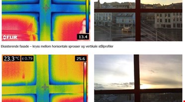 2 versjoner av bilde av et vindu og en identisk bilde med infrarødt for å vise temperaturer