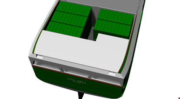 3D modell av baksiden av et hvit og grønt skip me grønne containere ombord