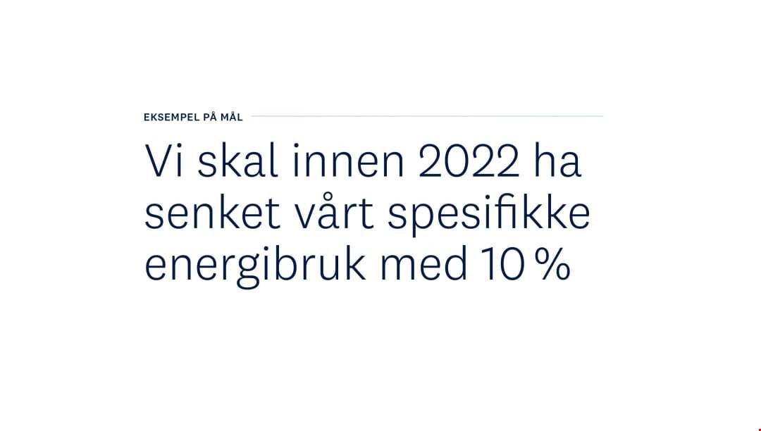 Teksts om sier "Eksempel på Mål: Vi skal innen 2022 ha senket vårt spesifikke energibruk med 10%"