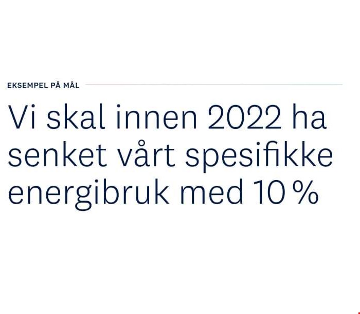 Teksts om sier "Eksempel på Mål: Vi skal innen 2022 ha senket vårt spesifikke energibruk med 10%"