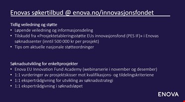 En blå skjerm med hvit tekst med info om Enovas søkertilbud