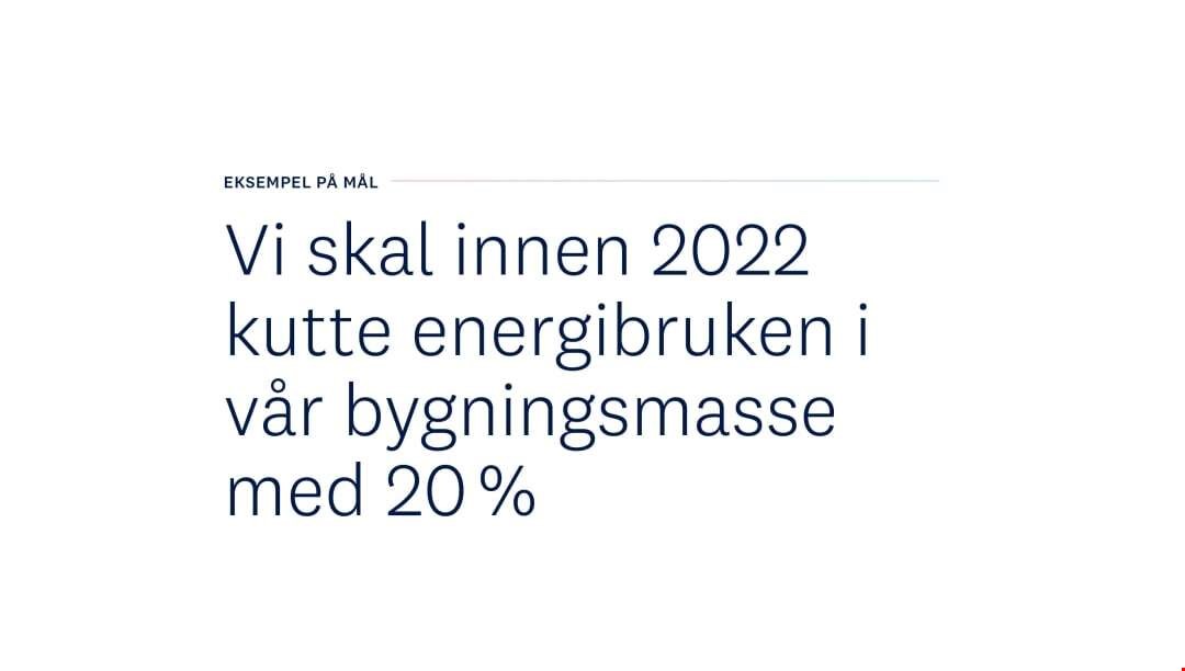 Tekst som sier "Eksempel på mål: "Vi skal innen 2022 kutte energibruker i vår bygningsmasse med 20%"