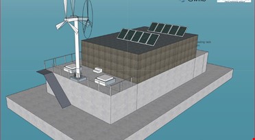 3D modell av en bygning med solcellepaneler og en vindturbin