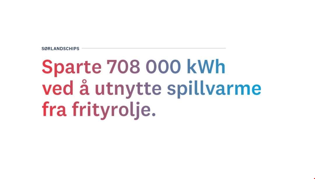 Tekst som sier "sørlandschips sparte 708 000 kWh ved å utnytte spillvarme fra frityrolje"