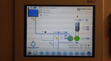 Main display av kontrollsystemet. Hovedbilde som viser nøkkeldata av bl.a. ventilsystem, vannmengde, trykk og produksjon. Dette og en rekke underliggende bilder kan følges og overvåkes/styres fra hvor som helst i verden.