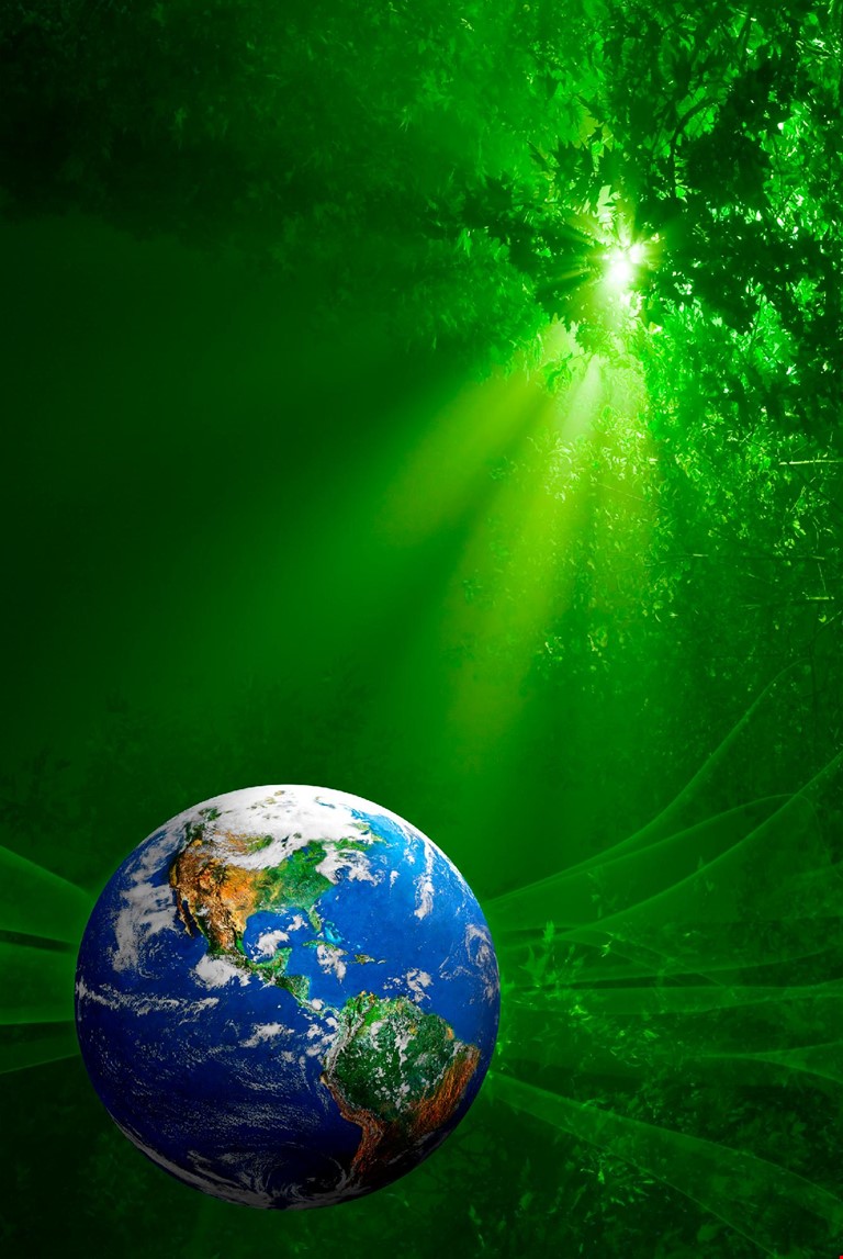 Illustrasjonsbilde av jordklode inne i en skog med grønne solstråler som lyser mot den