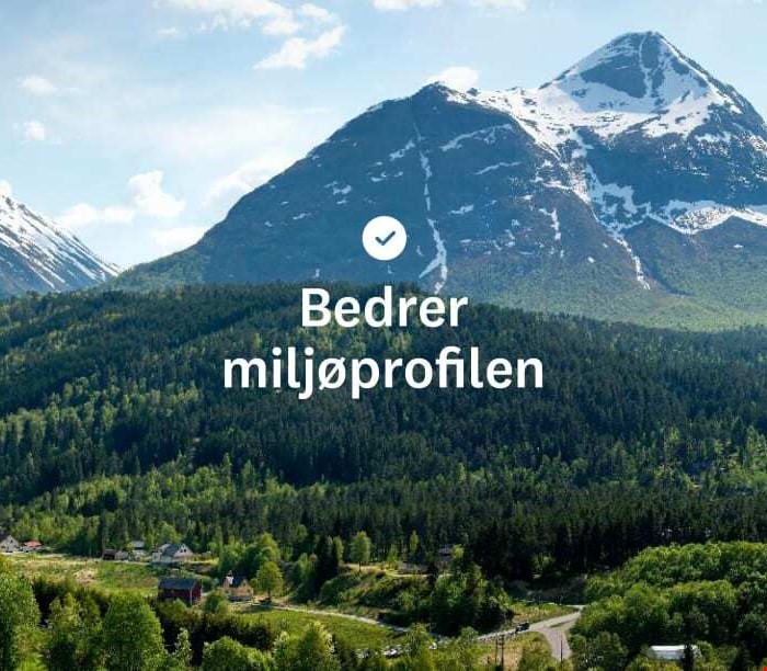 Utsikt over fjell og skog med hvit tekst som sier "Bedrer miljøprofilen"