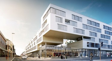 Profilert prosjekt. I byggeprosjektet Q42 på hjørnet av Dronningens gate og Elvegata i Kristiansand skal den nye komfortløsningen installeres i 69 moderne leiligheter. Illustrasjon: Kristin Jarmund Arkitekter AS.